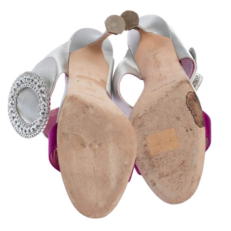 Pre Owned Manolo Blahnik Grey/Purple Satin Fibiona Crystal Embellished Open Toe Sandals Size 38.5