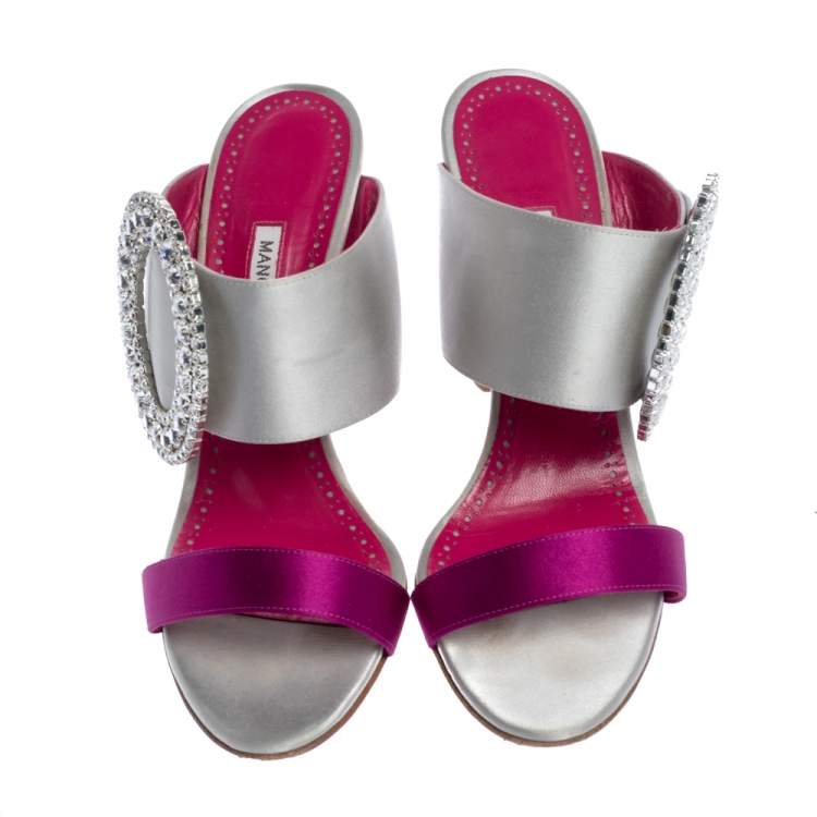Pre Owned Manolo Blahnik Grey/Purple Satin Fibiona Crystal Embellished Open Toe Sandals Size 38.5
