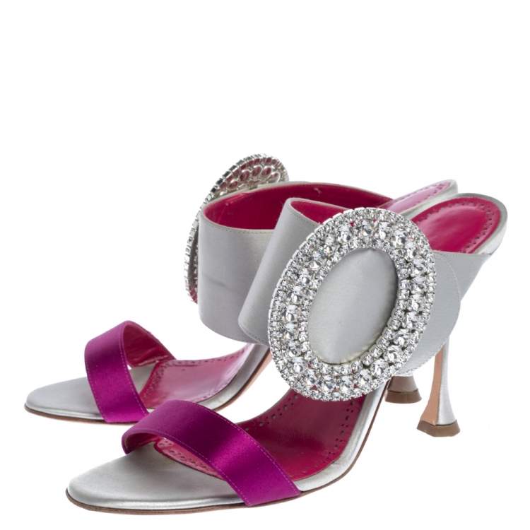 Pre Owned Manolo Blahnik Grey/Purple Satin Fibiona Crystal Embellished Open Toe Sandals Size 38.5