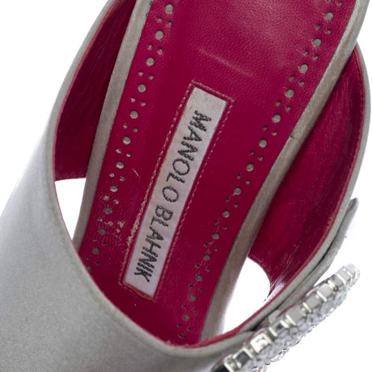 Pre Owned Manolo Blahnik Grey/Purple Satin Fibiona Crystal Embellished Open Toe Sandals Size 38.5