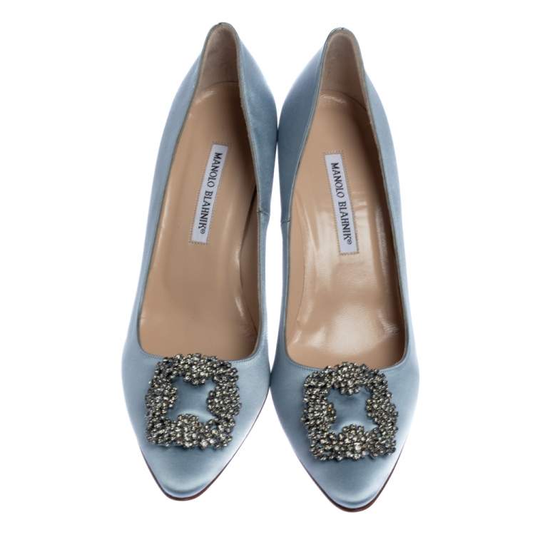 Pre Owned Manolo Blahnik Grey Satin Hangisi Crystal Embellished Pointed Toe Pumps Size 40.5