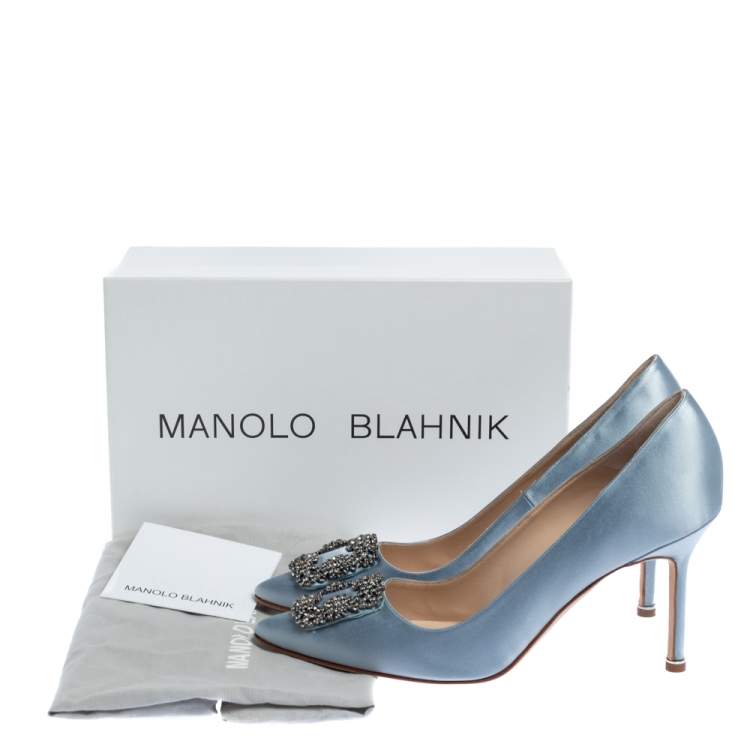 Pre Owned Manolo Blahnik Grey Satin Hangisi Crystal Embellished Pointed Toe Pumps Size 40.5