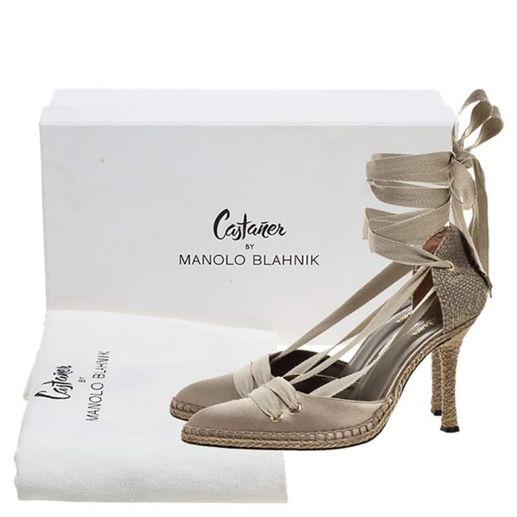 Pre Owned Castaner By Manolo Blahnik Beige Satin And Canvas Espadrille Ankle Tie Pumps Size 39