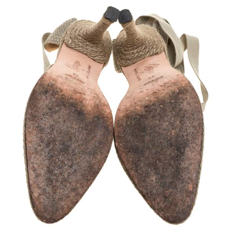 Pre Owned Castaner By Manolo Blahnik Beige Satin And Canvas Espadrille Ankle Tie Pumps Size 39