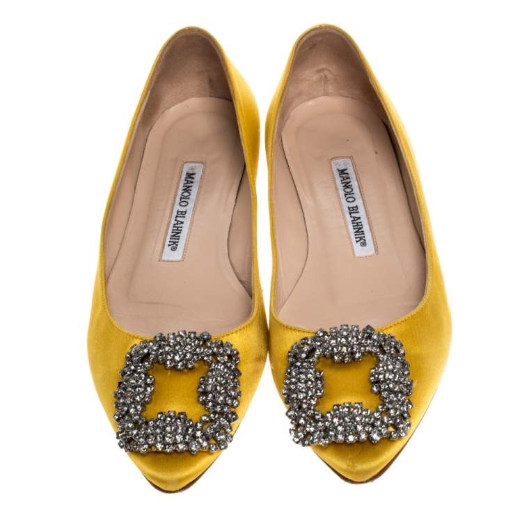 Pre Owned Manolo Blahnik Yellow Satin Hangisi Crystal Embellished Flats Size 34
