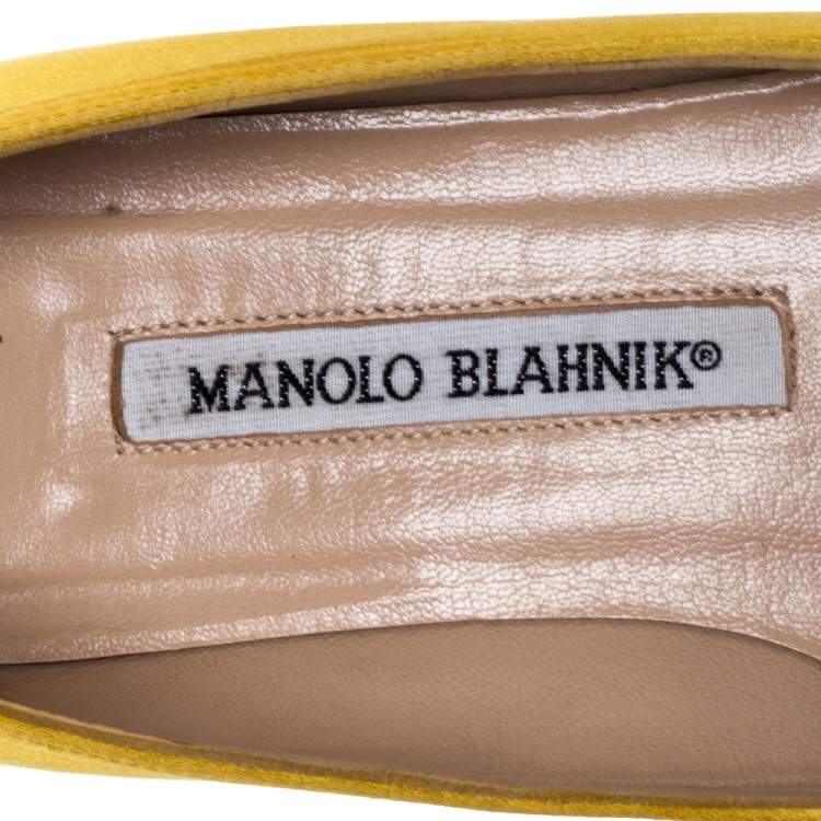Pre Owned Manolo Blahnik Yellow Satin Hangisi Crystal Embellished Flats Size 34