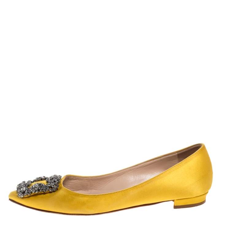 Pre Owned Manolo Blahnik Yellow Satin Hangisi Crystal Embellished Flats Size 34