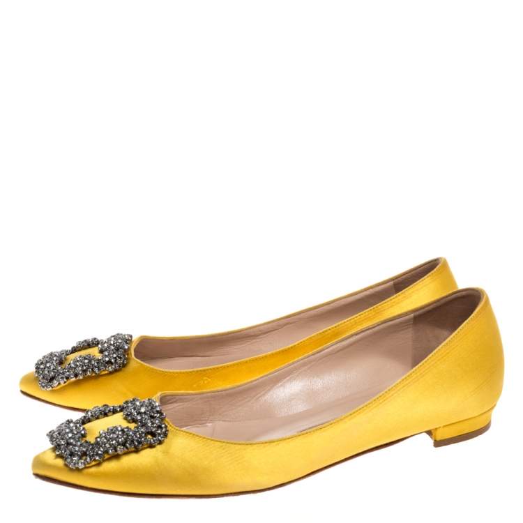 Pre Owned Manolo Blahnik Yellow Satin Hangisi Crystal Embellished Flats Size 34