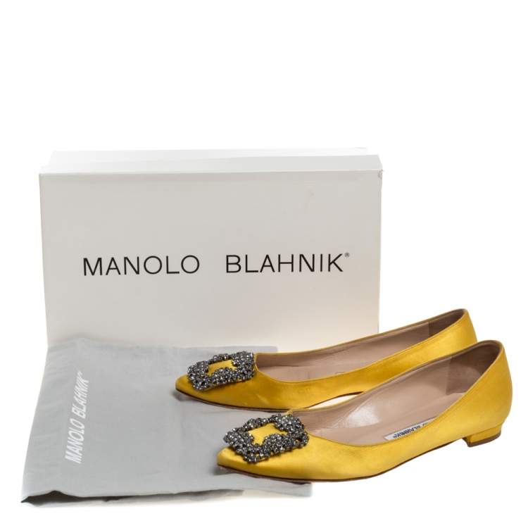 Pre Owned Manolo Blahnik Yellow Satin Hangisi Crystal Embellished Flats Size 34