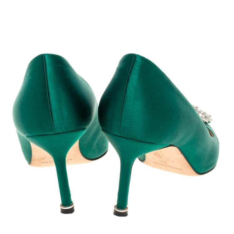 Pre Owned Manolo Blahnik Green Satin Hangisi Crystal Embellished Pumps Size 37