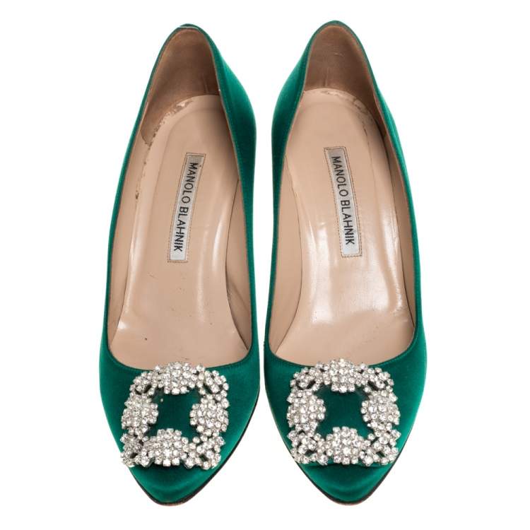 Pre Owned Manolo Blahnik Green Satin Hangisi Crystal Embellished Pumps Size 37