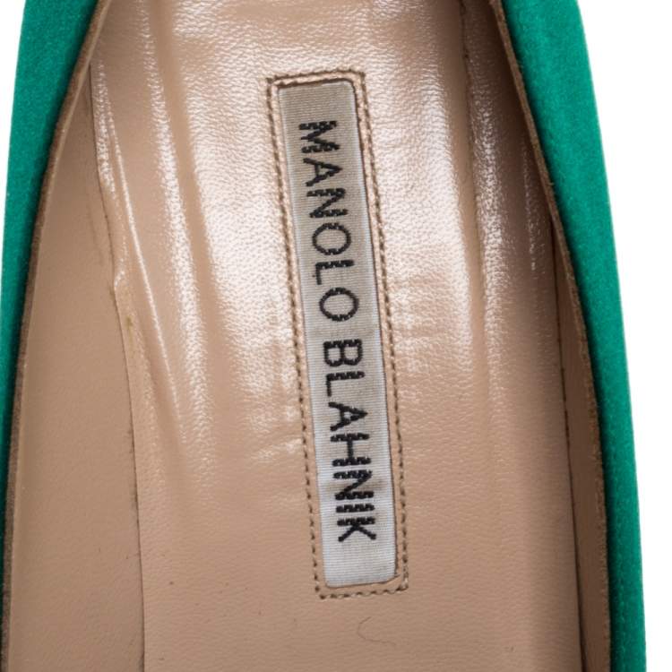 Pre Owned Manolo Blahnik Green Satin Hangisi Crystal Embellished Pumps Size 37