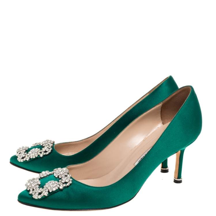Pre Owned Manolo Blahnik Green Satin Hangisi Crystal Embellished Pumps Size 37