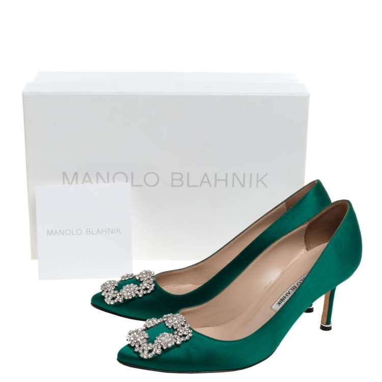 Pre Owned Manolo Blahnik Green Satin Hangisi Crystal Embellished Pumps Size 37
