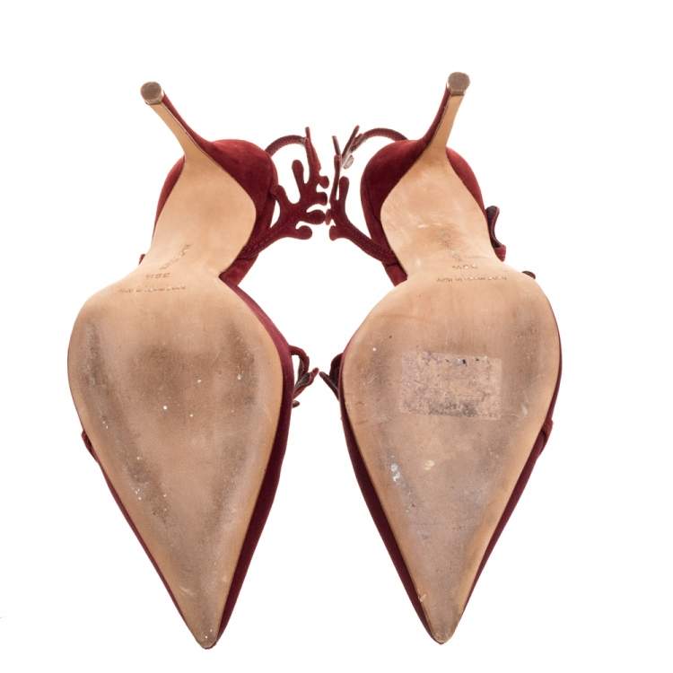 Pre Owned Manolo Blahnik Burgundy Satin Leaf Slingback Sandals Size 39.5
