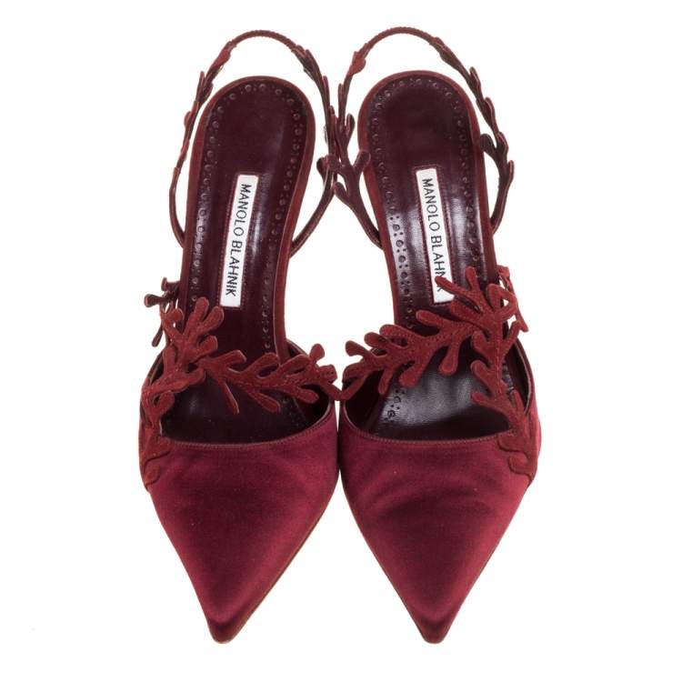 Pre Owned Manolo Blahnik Burgundy Satin Leaf Slingback Sandals Size 39.5