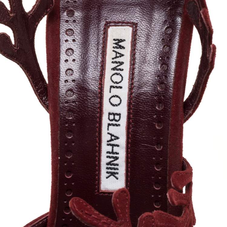 Pre Owned Manolo Blahnik Burgundy Satin Leaf Slingback Sandals Size 39.5