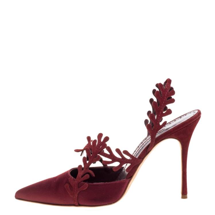 Pre Owned Manolo Blahnik Burgundy Satin Leaf Slingback Sandals Size 39.5