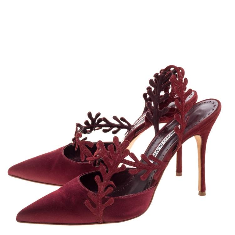 Pre Owned Manolo Blahnik Burgundy Satin Leaf Slingback Sandals Size 39.5