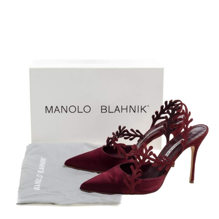 Pre Owned Manolo Blahnik Burgundy Satin Leaf Slingback Sandals Size 39.5
