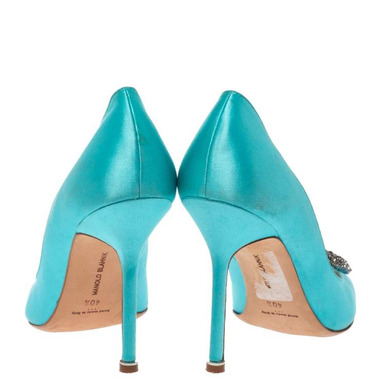 Pre Owned Manolo Blahnik Blue Satin Hangisi Crystal Embellished Pumps Size 40.5