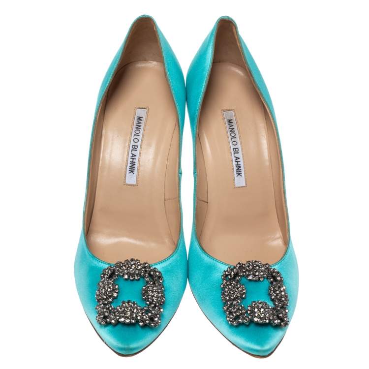 Pre Owned Manolo Blahnik Blue Satin Hangisi Crystal Embellished Pumps Size 40.5