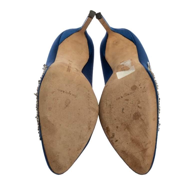 Pre Owned Manolo Blahnik Blue Satin Embellished Swan Pumps Size 39