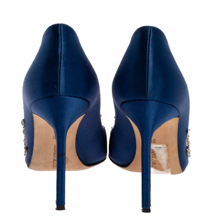 Pre Owned Manolo Blahnik Blue Satin Embellished Swan Pumps Size 39