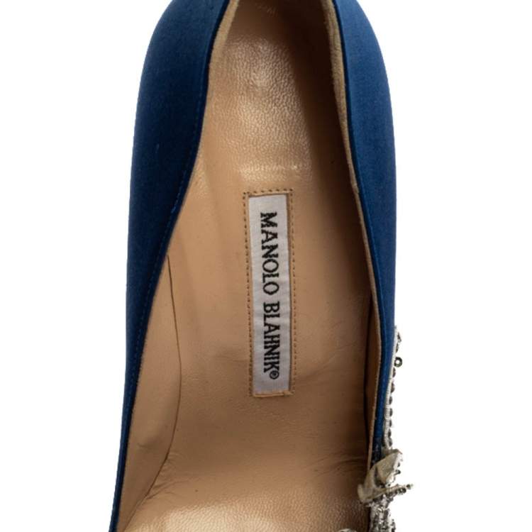 Pre Owned Manolo Blahnik Blue Satin Embellished Swan Pumps Size 39