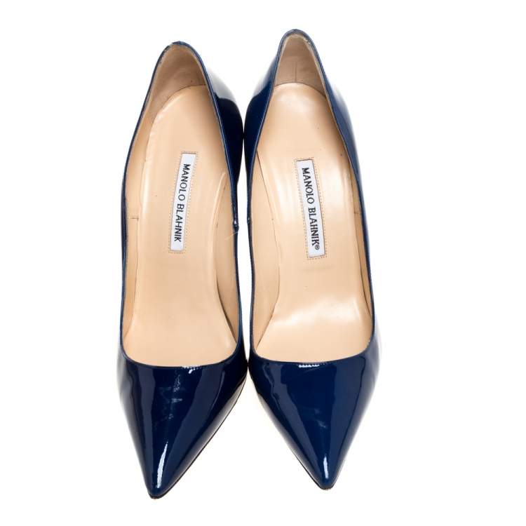 Pre Owned Manolo Blahnik Blue Patent Leather BB Pointed Toe Pumps Size 40.5