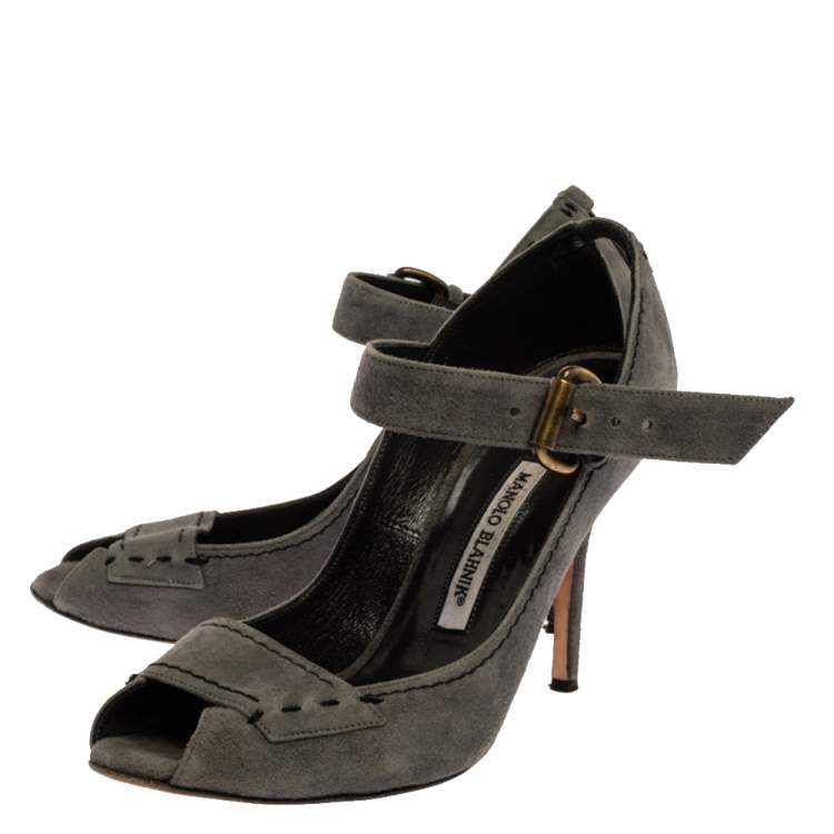 Pre Owned Manolo Blahnik Grey Suede Leather Peep Toe Ankle Strap Sandals Size 39