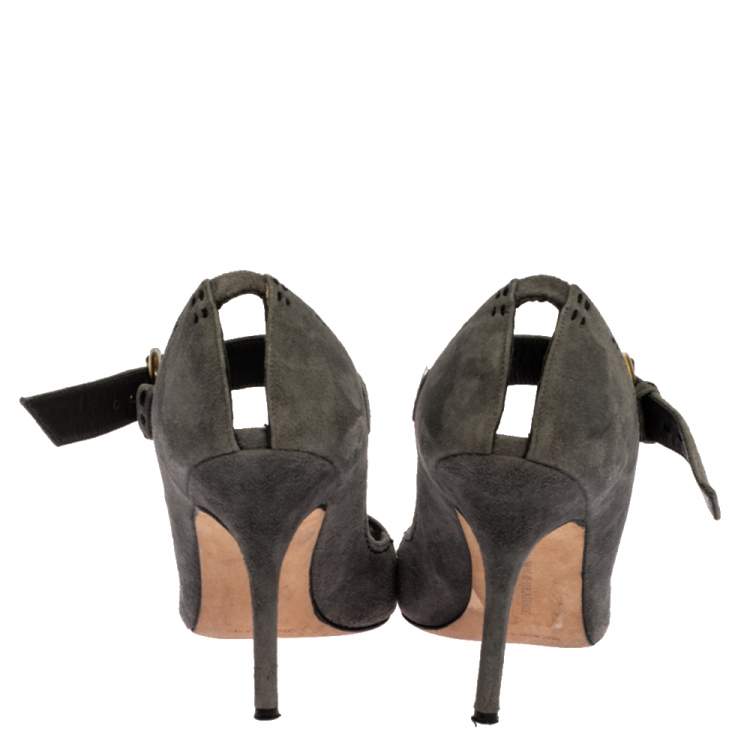 Pre Owned Manolo Blahnik Grey Suede Leather Peep Toe Ankle Strap Sandals Size 39