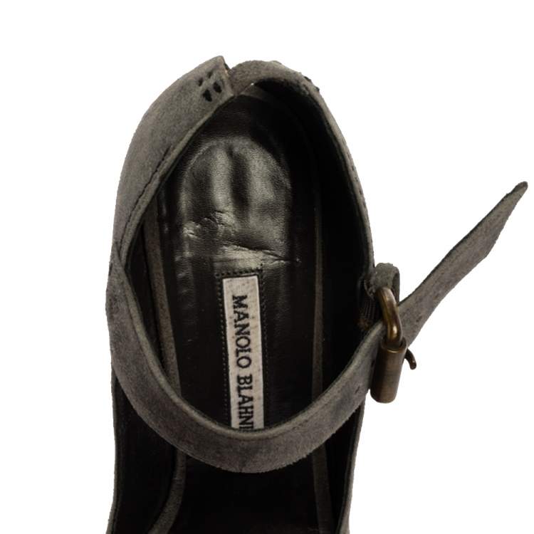 Pre Owned Manolo Blahnik Grey Suede Leather Peep Toe Ankle Strap Sandals Size 39