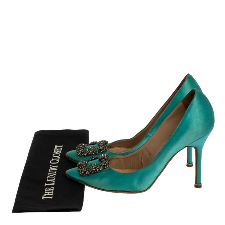 Pre Owned Manolo Blahnik Blue Satin Hangisi Crystal Embellished Pumps Size 38.5