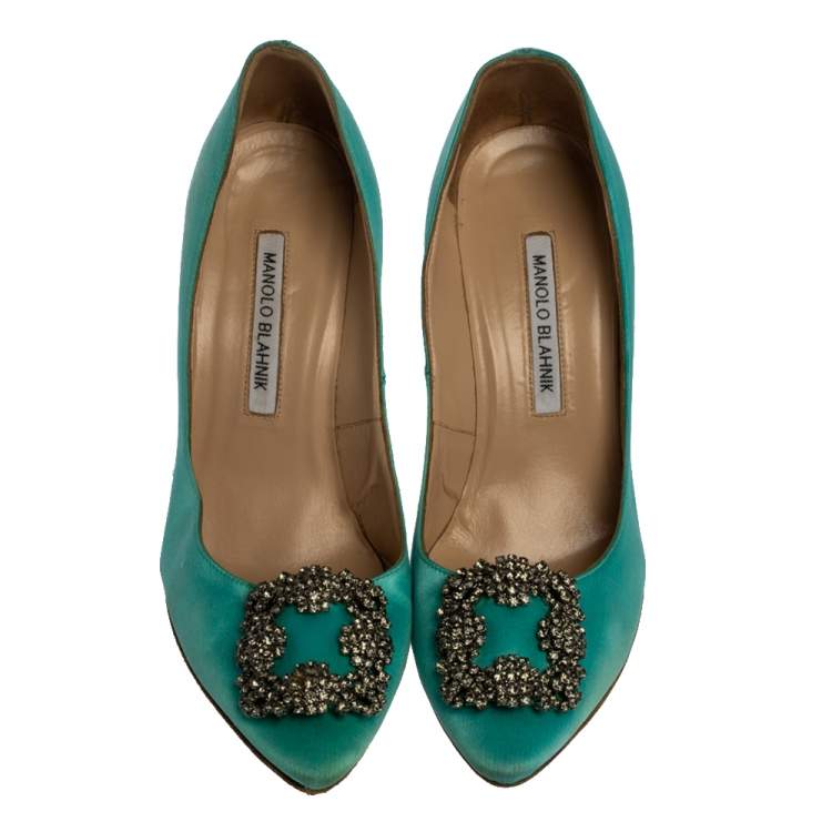 Pre Owned Manolo Blahnik Blue Satin Hangisi Crystal Embellished Pumps Size 38.5