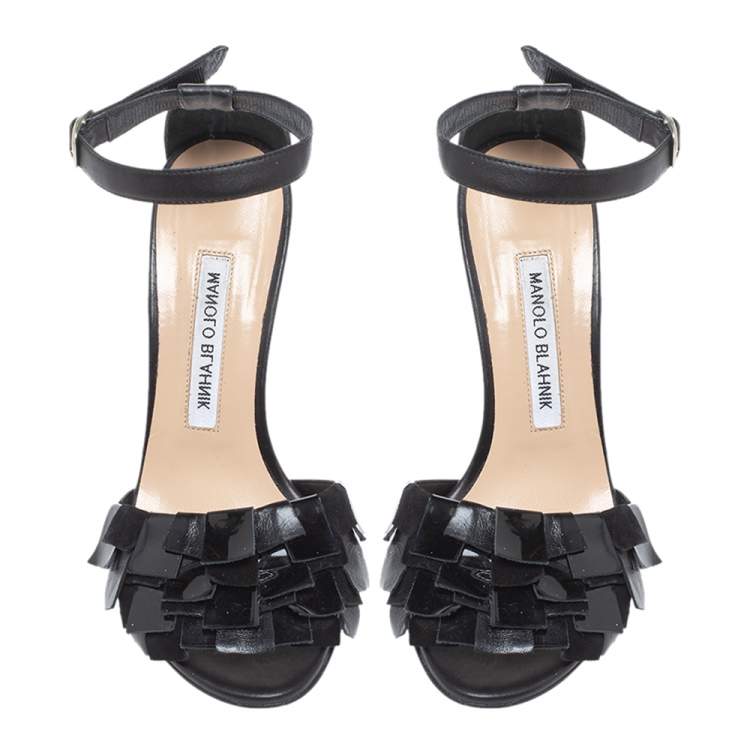 Pre Owned Manolo Blahnik Black Leather Fringed Ankle Strap Sandals Size 36