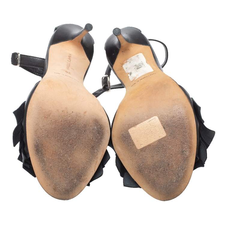 Pre Owned Manolo Blahnik Black Leather Fringed Ankle Strap Sandals Size 36