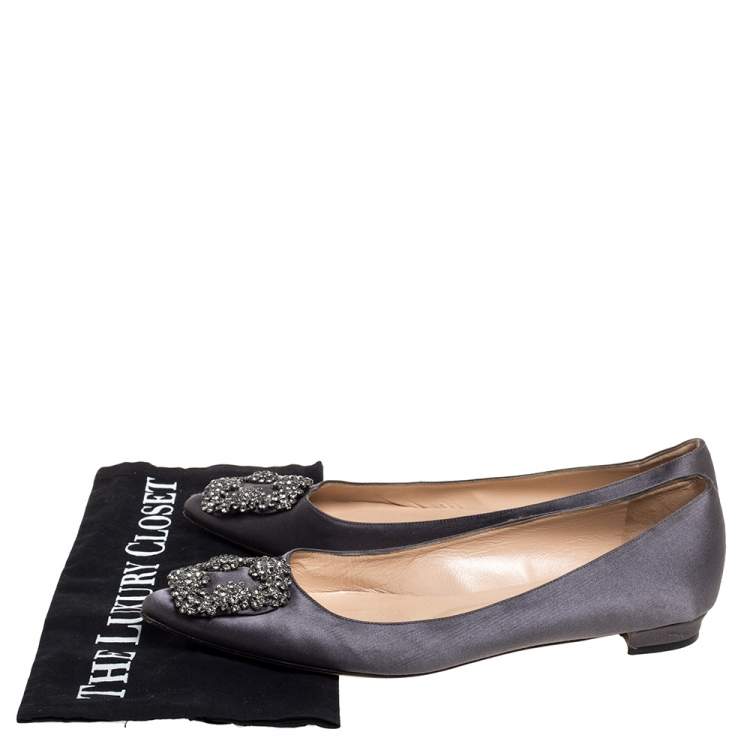 Pre Owned Manolo Blahnik Grey Satin Hangisi Ballet Flats Size 38.5