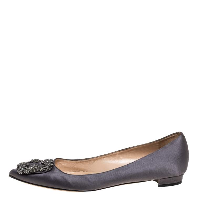 Pre Owned Manolo Blahnik Grey Satin Hangisi Ballet Flats Size 38.5