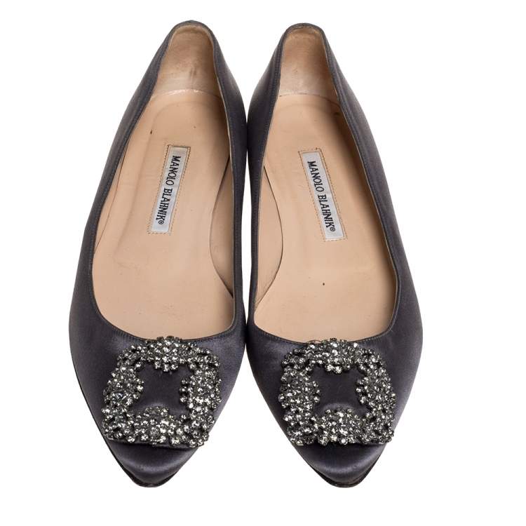 Pre Owned Manolo Blahnik Grey Satin Hangisi Ballet Flats Size 38.5