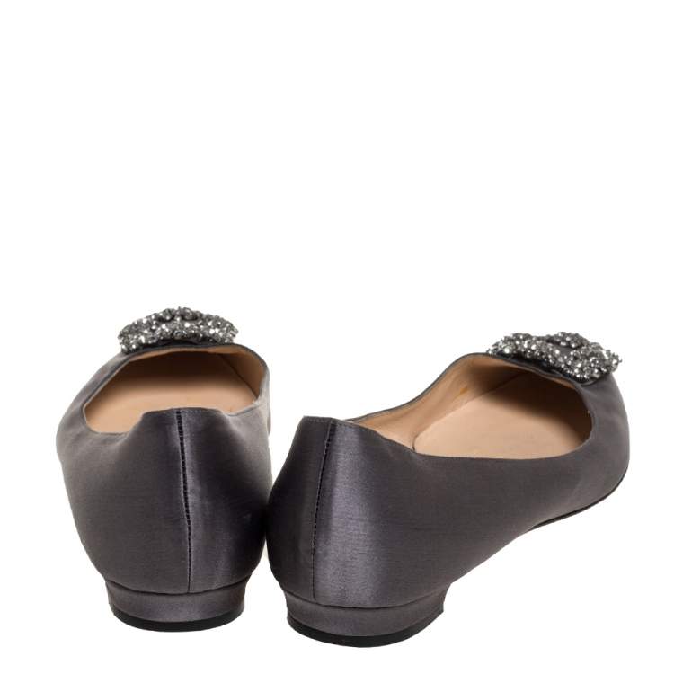 Pre Owned Manolo Blahnik Grey Satin Hangisi Ballet Flats Size 38.5