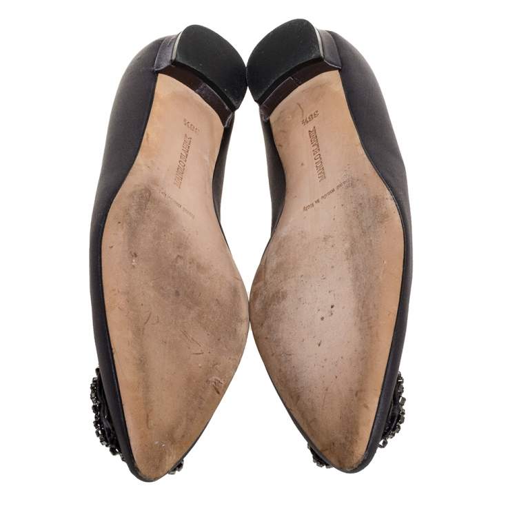 Pre Owned Manolo Blahnik Grey Satin Hangisi Ballet Flats Size 38.5