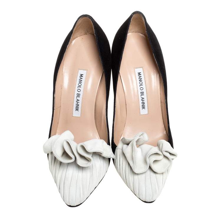 Pre Owned Manolo Blahnik White/Black Suede Leather Arleti Pumps Size 37.5