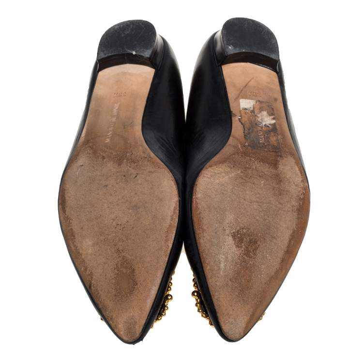 Pre Owned Manolo Blahnik Black Leather Hangisi Embellished Ballet Flats Size 39.5