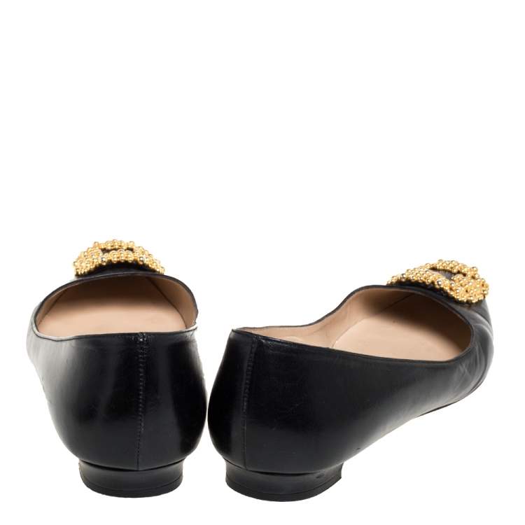 Pre Owned Manolo Blahnik Black Leather Hangisi Embellished Ballet Flats Size 39.5