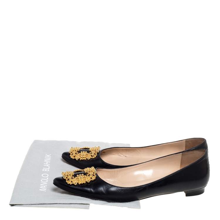 Pre Owned Manolo Blahnik Black Leather Hangisi Embellished Ballet Flats Size 39.5