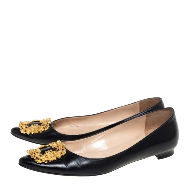 Pre Owned Manolo Blahnik Black Leather Hangisi Embellished Ballet Flats Size 39.5