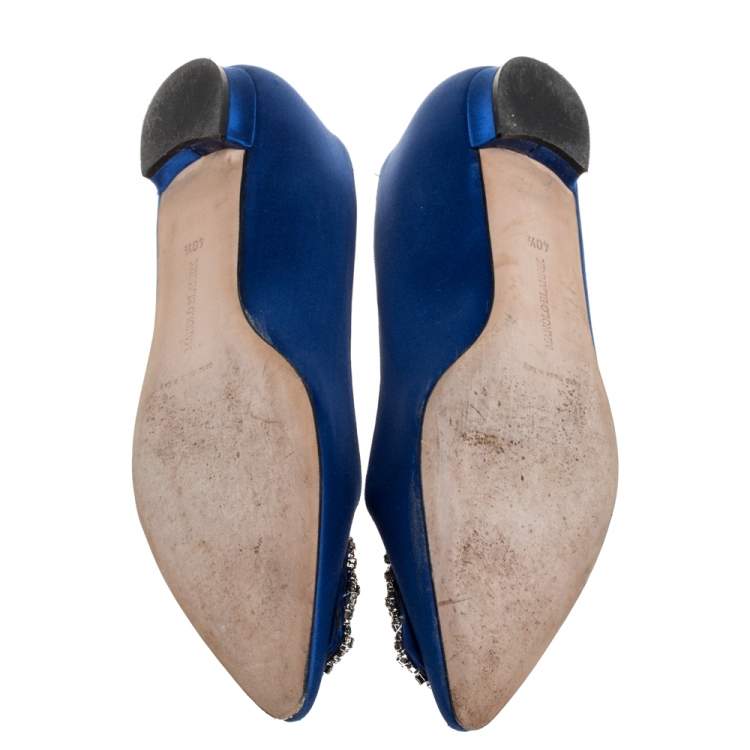 Pre Owned Manolo Blahnik Blue Satin Hangisi Ballet Flats Size 40.5