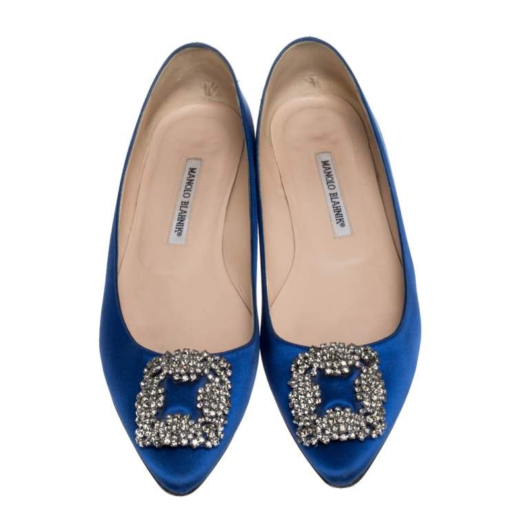 Pre Owned Manolo Blahnik Blue Satin Hangisi Ballet Flats Size 40.5