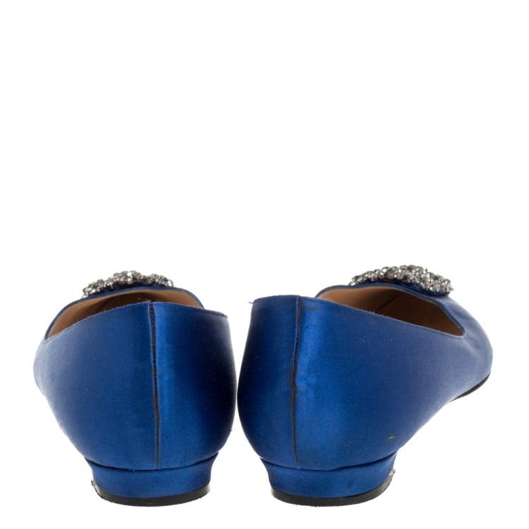 Pre Owned Manolo Blahnik Blue Satin Hangisi Ballet Flats Size 40.5